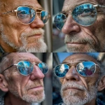 **A close-up of the reflection in vintage sunglasses worn by an elderly man, showcasing his facial features and short beard. The glasses have silver frames with blue lenses that reflect a lively street scene, adding depth to the portrait. He has thinning hair and subtle wrinkles around his eyes, emphasizing age but also capturing an eye for fashion accessories. Shot on an iPhone, the image captures every detail of both the mirror's surface and his stylish expression. --ar 111:128 --s 250** - <@908623560245911562> (fast)