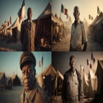 **An elderly black african army general, in his 60s, looking fit , dressed in a 1950s French military uniform, stands confidently in front of the camera in a desert military camp setting. dimly lit, He has a serious, weathered face, one hand casually resting in his pocket. He faces the viewer, delivering a direct-to-camera monologue. The background features sand dunes, vintage military tents, and French colonial flags fluttering in the wind. Dust subtly floats in the warm light. cinematic, with shallow depth of field, natural lighting, and slight grain to simulate 1950s archival film look. Tone is somber and authoritative, evoking a government broadcast or classified confession. --ar 128:73 --v 7.0** - <@1065391125663322203> (fast)