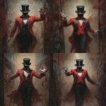 **a carnival ring master wearing a red vest and black suit with no face under his black top hat is welcoming you with his right arm to the creepy weird Lovecraftian carnival, as a front page art piece painting, --ar 8:11 --v 7.0** - Variations (Strong) by <@1035886146422583346> (fast)