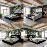 **a bright and airy modern farmhouse-style bedroom with dark green floral wallpaper, glass ribbed globe pendant light, white oak beams and ceiling trim, a large black bed centred in the room, a grey accent wall, a black area rug on the floor, a neutral color palette, and a luxurious aesthetic, as seen in a home decor magazine editorial cover image. --ar 4:5 --raw** - <@1230559318680670299> (fast)