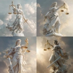 **Lady Justice, classical statue style illustration, blindfolded woman in flowing white Greco-Roman robe, holding a perfectly balanced golden scale in her left hand and a long upright sword in her right hand, standing tall on a marble pedestal, dramatic sunlight and soft clouds behind, realistic sculpture texture, highly detailed folds in fabric, dignified and symmetrical composition, neoclassical art style, marble and gold accents, illustration** - <@696891766850322503> (fast)