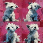**<https://s.mj.run/GKv-SjoOy6M> Abstract hand-painted animal oil painting featuring a fluffy, abstract small dog in shades of blue, gray, and white against a dark pink background. The composition uses a low-saturation color palette, emphasizing three-dimensional depth, layered details, and rich textures for a visually striking and playful effect. --ar 3:4** - Variations (Strong) by <@1087015770053148784> (fast)