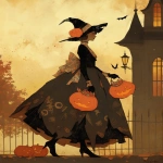 **an art print of a woman with trick-or-treating bags in a halloween dress, in the style of mahogany vignettes of paris, mono-ha, doug hyde, glamorous, pictorial fabrics, midjourney swag, don northup, soft autumn color palette --ar 4:5 --niji 6** - Image #4 <@1007106543935823902>