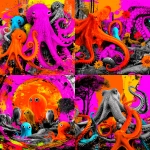 **a whimsical, vibrant cartoonish image of a family of octopuses swimming around in the ocean. One of the smaller octopuses is blue, the rest are orange. --no people, --sref 2348006115 --s 250** - <@1097991841179254824> (fast)