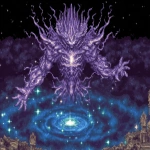 **A colossal cosmic entity of pure void energy, its massive form glowing with deep blues and purples, crowned with jagged crystalline horns radiating ethereal light. Its chest contains a swirling miniature galaxy, pulsing with gravitational power, as if holding an entire universe within. The creature’s arms are outstretched in a commanding, godlike gesture, void tendrils and nebula-like wisps spiraling around it. Its faceless head glows with faint, piercing eyes, exuding an overwhelming presence of cosmic dominion. The background is a vast expanse of space, dotted with distant stars and galaxies, the darkness around it bending under its immense gravitational pull. Hyper-detailed, cinematic lighting, epic fantasy-meets-sci-fi concept art, ultra high resolution, cosmic scale. utopian toast --ar 3:2 --p d8j98gu yqp5qk7 tzl2qbv --v 7.0** - Image #2 <@106534493057220608>