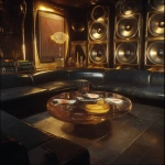 **Surrealism 1980s abstract luxury music lounge, black gold brown colors rich colors, luxury, hd quality , vinyl showing, low lighting, 1 conversation pit, tall abstract speakers, vinyl records , bar lounge included , high quality, clear record shaped table --v 7.0** - Image #2 <@951239260281913364>