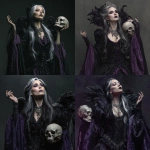 **A dramatic female fallen aasimar sorcerer in her late twenties, with luminous pale skin tinged with shadow. Long flowing dark hair with silver highlights. Striking silver-grey eyes. Wearing an elaborate black and deep purple Gothic gown with high collar and flowing sleeves, black velvet cape with purple silk lining. Theatrical smoky makeup, dark lips. Ornate silver skull jewelry. Proud, haughty expression, chin raised, one hand raised in dramatic gesture as if delivering a monologue. Faint shadowy wings barely visible behind her. Holding an ornate skull. Broadway theatrical energy meets dark necromancer. Fantasy D&D character portrait, detailed digital art.** - <@394349309673472010> (fast)
-# Create, explore, and organize on [midjourney.com](<https://midjourney.com/imagine?from_discord=1>)