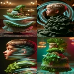 **Abstract, long-exposure portrait of a kid dressed as a head of lettuce in Belle Epoque fashion, their silhouette blurred in fluid motion beneath flickering gaslight chandeliers. Cascading layers of delicate lettuce ruffles and lace sleeves dissolve into painterly streaks, evoking a surreal fusion of haute couture and garden whimsy. The darkened room suggests a velvet-draped Parisian theatre, bathed in grainy soft focus and lit by ethereal turquoise and dusky rose highlights, casting shimmering reflections on lacquered floors and stained-glass panels. Their verdant costume flows like ink in water, caught mid-gesture in a ghostly sweep of time. A nostalgic film grain overlays the entire image, like a lost glass-plate negative, while soft light blooms around their figure, forming a gentle halo of innocence and mystery. The mood is poetic and otherworldly as if captured during a Belle Époque séance inside an art nouveau dream. High resolution, surreal motion blur, tonal color grading, and cinematic lighting. --ar 2:3 --profile sdrrzng --ow 100 --stylize 350 --oref <https://s.mj.run/5UfkGHZpf1w> --c 55 --v 7.0** - <@1197624915298357348> (relaxed)
-# Create, explore, and organize on [midjourney.com](<https://midjourney.com/imagine?from_discord=1>)