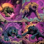 **scifi comic book style, alien cat beast, large fangs, full body, pouncing, colorful, purple crater planet, scifi comic book style** - <@186377350642925568> (fast)