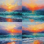 **<https://s.mj.run/KKi7RI3_AZg> Palette knife abstract painting with thick oil textures, depicting a sunrise over the sea. The scene features blue-green ocean waves and the warm orange-red glow of the rising sun. The artwork emphasizes bold, heavy paint application with strong depth, rich layering, and highly textured details, creating a dynamic and dimensional visual effect. --ar 16:9** - <@1087015770053148784> (fast)