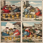 **Vintage tarot card of the Six of Cups, depicting two people working in the city ground with four golden cups with flowers on display in front of them. The woman is wearing red and blue , while her brother wears grey. The brother is tending a chalice with flowers to his sister and there is a flower vase behind him. There is an old stone house behind them, and the background sky has white clouds. The overall style captures a medieval atmosphere with vibrant colors. --ar 3:5** - <@409716268476923920> (fast)
-# Create, explore, and organize on [midjourney.com](<https://midjourney.com/imagine?from_discord=1>)