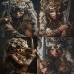 **headshot of a woman wearing a saber tooth tiger headdress, dynamic pose, holding a primitive dagger, tribal makeup, long hair, illustrated --ar 9:16** - <@1239390573522190338> (fast)