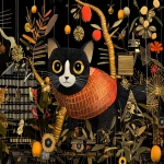 **a happy curious adorable parisian netsuke kitty cat exploring a crazy gold leaf nature jungle world of apple worm peanuts flowers birds cheddar cheese moth, tornadic scan lines by jack whitten --v 6.1 --p tn2xxqf --sref <https://s.mj.run/AruJD-ll-Ac> <https://s.mj.run/UYjfoh6TeLU> <https://s.mj.run/r8dknsmM5M0> <https://s.mj.run/5AbKvhD0Guc> --cref <https://s.mj.run/YLW5u05qWW0> --cw 22 --q 2 --ar 53:40** - Image #4 <@1059292469474373672>