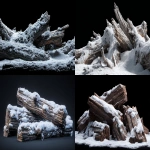 **Scattered broken pine tree trunks, heavily covered in fresh snow, jagged edges, realistic textures, high detail, sharp contrast, on a solid pure black background, studio lighting, no shadows, photorealistic, 8k resolution --ar 16:9** - <@468248390342279168> (fast)
