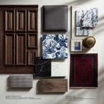 **"action": "image_generation", "action_input": "A high-end interior design mood board layout. The mood board features: 1. A sample of dark walnut wood wainscoting with elegant rectangular moldings. 2. A swatch of charcoal grey upholstered fabric panel. 3. A piece of blue and white Chinoiserie porcelain pattern. 4. A sample of black Marquina marble with white veins. 5. A small swatch of black and white Houndstooth fabric. 6. An antique brass metal finish sample. 7. A snippet of a Persian rug with deep red and navy tones. The elements are arranged artistically on a clean light grey background with soft shadows, professional architectural presentation style."** - Image #1 <@1259916559262941226>