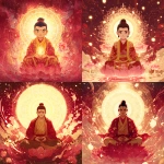 **Studio Ghibli-inspired illustration of a young divine-looking boy with soft masculine features, styled like a traditional Amitabha Buddha statue. He has a serene expression, long earlobes, arched eyebrows, a round top bun hairstyle, and a red urna (dot) on the forehead. He is dressed in radiant red and golden yellow Buddhist robes, intricately embroidered like sacred Chinese thangka paintings. He sits cross-legged on a large blooming lotus throne, floating amidst glowing crimson clouds. His hands rest on his lap in the Dhyana Mudra (meditation gesture), palms up, right hand on left, thumbs touching, symbolizing deep stillness and transcendence. Behind his head is a giant glowing golden halo, detailed with sacred mandala and lotus patterns, blazing outward in rays of white, pink, and gold. His entire body radiates golden-red aura, with shimmering energy waves pulsating through the space around him. The background is a rich crimson-gold celestial sky filled with glowing floral patterns, swirling light, falling lotus petals, and soft divine mist. The mood is solemn, powerful, spiritual, and majestic inspired directly by Amitabha Buddha iconography, blended with the softness and warmth of Ghibli-style anime. Vertical format, extremely detailed, cinematic lighting, glowing sacred energy, perfect for oracle or spiritual art.** - <@1056980764291514368> (fast)