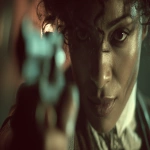 **A cinematic still, a film by denis villeneuve, A steam punk detective, black woman, in a shoot out, mid shot, --v 7.0 --ar 16:9** - Image #1 <@1105536971348123781>