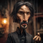 **a lifelike marionette intricately designed in the whimsical yet dark style of Tim Burton. The puppet bears striking resemblances to Keanu Reeves, particularly the brooding intensity of his character John Wick. This unique creation embodies a fusion of classic fairy tale charm and gritty underworld aesthetics, evoking a scenario where Pinocchio navigates the sinister realms of the Russian mob. The marionette's wooden features are delicately carved, with exaggerated expressions that convey both innocence and menace, set against a backdrop of shadowy alleyways and flickering streetlights.** - Image #1 <@665946523279818772>
