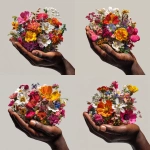 **Create a beautiful artwork of an extremely realistic photograph depicting a brown skin male hand model cupped, holding a hand full of radiant bright colored flowers of all kinds . White background, extremely detailed, highest resolution and vibrant colors** - Variations (Strong) by <@1103816835914276934> (fast)