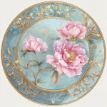 **FLAT 2D vector-inspired art without any shading. It depicts a circular art piece showing a beautiful design that features a soft aqua-blue background with a gilded, vine-like border and an intricate scrollwork pattern in gold. The focal point is beautiful watercolor pink peonies, with subtle greenery. No shading or gradients --v 7.0** - Upscaled by <@1141845422852280493> (fast)