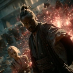 **cinematic still frame, a powerfully built African-American Jedi Master with a Yasuke-inspired dreadlock top-knot, his face a mask of grim determination, wearing dark charcoal and weathered leather robes. He stands in the crumbling ruins of an ancient Jedi temple, one hand raised to freeze an explosion of shattered rock in mid-air. His young female Padawan, blonde hair and terrified blue eyes, is at the center of the blast, enveloped in a swirling, unstable dark crimson energy. The scene is lit by a dramatic, fading sunset creating deep, long shadows and intense volumetric light cutting through atmospheric haze. Moody, gritty, high-contrast. Style inspired by Studio MAPPA and Takeshi Koike, hyper-detailed, 8k** - Image #4 <@692146423638261810>