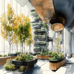 **<https://s.mj.run/Nlu3ItpiLmk> <https://s.mj.run/5Zwnb5PDQNM> an illustration using black pen and watercolour, loose sketchy watercolor and black pen illustration of a futuristic healthcare waiting room a multi storey vertical farm on one side , plants grows with tanks of fish above them , the space which is filled with trees, the noerthern lights are present at the high ceiling to individual wellness pods, zaha hadid organic futuristic architecture highly detailed, unique --ar 16:9 --v 6.1 --s 250** - Image #4 <@999895176619237436>