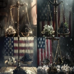 **Golden scales of justice, dramatically tilted and uneven, the left pan lifted high holding delicate white lilies and soft snow, the right pan pulled down low and heavy with rough black coal, stark imbalance, powerful metaphor for racial inequality in America, cinematic lighting, dramatic shadows, American flag blurred in the background, ultra-realistic, photojournalistic style --ar 16:9 --v 6.0 --raw** - <@1273779388386770994> (fast)