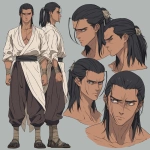 **original anime character, hand-drawn portrait style, thick bold outlines, clean cel-shading, visible sketch lines, crosshatching on fabric folds and underlying anatomy, ultra-detailed line art with zero clutter, sharp and defined facial features, full-color rendering, high visual clarity of face and body, character-centered composition include multiple perspective variants: frontal heroic close-up (face and torso squared), three-quarter angle showing jawline and stance depth, low-angle upward shot for size and presence, high-angle downward for clothing detail, side profile close-up with flowing fabric and sharp expression uncluttered background, zero special effects, only character and clothing, emphasis on silhouette, expression, pose, and detailed costume, anime character design with clear visual logic --niji 6 --raw** - Image #1 <@266429059049848832>