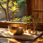 **Realistic still-life of a Tibetan sound bowl resting on a natural wooden surface in a serene meditation space. The brass sound bowl has a smooth matte finish with soft reflections of natural light, no smoke, no flame, no incense. Beside it are two tuning forks metallic silver, U-shaped with straight prongs and a slender stem, each about six inches long, positioned neatly on a folded beige linen cloth. The background is softly blurred with warm neutral tones, suggesting calm and sacred quiet. Lighting is diffused daylight, highlighting the metallic textures and wood grain without harsh shadows. No people, no fire, no steam only a sense of tranquil stillness and refined simplicity. Photography style: ultra-realistic, shallow depth of field, balanced composition, high-resolution product detail. --v 6.0 --s 750** - Image #4 <@1090630909448949831>