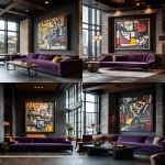 **a large framed figurative painting in the style of cubism by picasso, hanging on a dark wall above a modern purple velvet sofa in a contemporary hotel lobby. the lobby features dark wood and brick walls, large windows with a city view, moody lighting, and muted colors. this image appears to be an editorial photo shoot for architectural digest magazine, with a hyper-realistic aesthetic. --ar 9:16** - <@1313000520759377972> (fast)