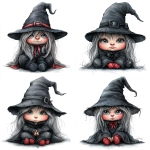 **Gothic adorable female gnome. Wearing all black ,sliver and red. Her witches hat is pulled down over her eyes. Her little button nose just peeking out from under the hat. Fine line drawing, airbrush design, watercolor, realistic cartoon rendering illustration isolated on white background --v 6.1 --s 250** - Variations (Strong) by <@807465804512886785> (fast)
