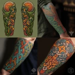 **create a Celtic tattoo design for full arm tattoo with Irish hand and little bit colors like orange green wrap around** - <@1361573151087132916> (fast)