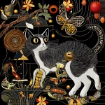 **a happy curious adorable netsuke kitty cat exploring a crazy gold leaf nature jungle world of apple worm peanuts flowers birds cheddar cheese moth, tornadic scan lines by jack whitten --v 6.1 --p tn2xxqf --sref <https://s.mj.run/AruJD-ll-Ac> <https://s.mj.run/UYjfoh6TeLU> <https://s.mj.run/r8dknsmM5M0> --cref <https://s.mj.run/YLW5u05qWW0> --cw 22 --q 2** - Image #4 <@1059292469474373672>