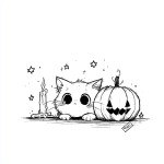 **adorable spooked kitten hiding behind a candle, jack-o'-lantern and stars, thick lines, white background, a4 --v 7.0** - Image #1 <@437878260013989888>