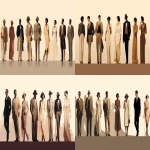 **a lineup of 5-7 diverse men and women of different ethnicities, standing side-by-side, each dressed in a distinct, iconic fashion look from a different bygone era/decade, in the artistic style of the provided image (stylized illustration, clean lines, elegant proportions, soft shadows, light background), one woman as a 1920s flapper, beaded dress, bob haircut, long pearls, elegant, one man in a 1950s "Greaser" style, leather jacket, white t-shirt, jeans, slicked-back hair, confident pose, one woman in a glamorous 1980s party look, exaggerated shoulder pads, vibrant colors, big hair, bold accessories, one woman in an elaborate Victorian era ball gown, rich fabrics, intricate details, updo hairstyle, elegant posture, one man in a 1970s bell-bottom suit, wide lapels, patterned shirt, long hair, cool swagger, one woman in a 1940s Hollywood glamour dress, victory rolls hairstyle, elegant silhouette, one man in a 1960s Mod suit, slim fit, clean lines, Beatle boots --ar 16:9 --v 5.2** - <@1069797133110214726> (fast)