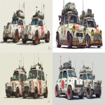 **a dnd style concept art of two feudal japan nuclear powered racing cars made from wood and iron that inspired by renault r4 rally racing cars style, have a glass tank with mini nuclear reaction on the roof, have different number in the body, same size but not identical, dark industrial scifi style, labeled as word fastest racing cars, white color and hi-viz red racing decals with small white hazard markings, mechanical details, Japanese characters graffiti on the body, realistic look, moody atmosphere, a little bit foggy, signal antennas, various size nobori, have japanese anime stickers and some big racing sponsors decals on the body, signal cabbles, on a white background in the style of Studio Ghibli and Makoto Shinkai, cel-shaded, full-body, cartoon, 2D game art --ar 11:5 --v 7.0** - <@1043498067623686144> (fast)
