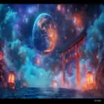 **A sacred Shinto shrine designed as "EmiEmi Shrine", standing on a cosmic path of starlight, with a grand red torii gate glowing before Earth in the background. Around the Earth, other majestic planets like Saturn with glowing rings and Jupiter with colorful storms float in the cosmos, enhancing the divine scale. Visitors feel as if they are arriving for an online shrine worship. The shrine radiates divine golden light, mystical energy flows, ethereal mist drifts around, with sacred lanterns and floating words of light (kotodama). A harmonious blend of Japanese tradition and cosmic fantasy, cinematic, ultra-detailed, photorealistic yet dreamlike, barnacle --ar 16:9 --v 6.0** - Image #4 <@1027927772519211120>
