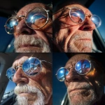 **A close-up of the reflection in round sunglasses on an old man's face, an iPhone photo taken from a phone camera. He is wearing silver and blue glasses, and the photo was taken from inside his car window with the sun shining through it, against a blue sky. Only a small part of him can be seen outside. The photo was posted to Reddit in 2019, depicting a real-life scene. --ar 111:128 --s 250** - <@908623560245911562> (fast)