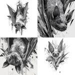 **A large, majestic bat hanging upside down, hidden within its wings, with only part of its mischievous face visible, its gaze conveying an intense expression. Anatomy inspired by the fruit bat, illustrated in a black, white, and gray color palette with rich grayscale nuances. Highly detailed line art, ink illustration style. The composition is geometric and partially deconstructed, with fragmented shapes and sharp angles projecting outward. Graffiti-inspired design, dynamic energy, aggressive motion, abstract geometric dispersion, high-contrast monochrome illustration, modern street art aesthetic, ultra-detailed, dramatic lighting, white background. --v 7.0** - <@1068240844349509652> (fast)