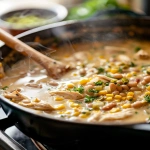 **White chicken chili simmering in a large Dutch oven on the stovetop, creamy broth with chunks of chicken, beans, corn, and green chilies, steam rising, wooden spoon resting on the side, warm kitchen lighting, close-up view of the thick, hearty texture --v 6.0 --ar 4:5 --raw** - Image #4 <@1321895242076520463>