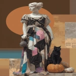**A collage of an ancient Greek statue wearing modern Halloween fashion, standing in the Egyptian Museum in The Valley of Rosicrucian. She wears a black, white, pink, blue and grey patterned dress in the style of Gucci and her black cat and pumpkin next to it. A mahogany geometric graphic design inspired in the style of Thomas Gainsborough, using newspaper and other midjourney swag materials, flat perspective, muted colours, digital art techniques, mixed media, high resolution. --ar 57:88 --v 7.0 --s 250** - Image #3 <@1007106543935823902>