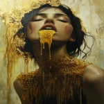 **exquisitely surreal and ominous painting by Taras Loboda + Annick Bouvattier + Yoann Lossel Of honey woman with yellow honeycomb tongue, in the style of oil paintings, intimate portraits , photo-realistic compositions, raw emotions, i can't believe how beautiful this is, gold, uncanny juxtapositions --chaos 30 --ar 2:3 --v 6.1 --s 777 --weird 333** - Image #4 <@1038536641180094535>