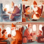 **Saint Nicholas gives a gift to a child in the airplane cabin, a cute commercial illustration in light orange white and bright red tones, adding an atmosphere of Christmas and magic** - <@1178911175929499672> (fast)
