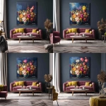 **colorful, large bouquet of flowers in a vase on the wall, living room interior with a sofa and coffee table, an oil painting with a dark blue background, vibrant colors, and golden accents. a large canvas print for home decor with the text "rasyar sani" at the bottom center. --ar 128:125** - Zoom Out by <@1313000520759377972> (fast)
-# Create, explore, and organize on [midjourney.com](<https://midjourney.com/imagine?from_discord=1>)