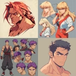 **original anime character, hand-drawn portrait style, thick bold outlines, clean cel-shading, visible sketch lines, crosshatching on fabric folds and underlying anatomy, ultra-detailed line art with zero clutter, sharp and defined facial features, full-color rendering, high visual clarity of face and body, character-centered composition include multiple perspective variants: frontal heroic close-up (face and torso squared), three-quarter angle showing jawline and stance depth, low-angle upward shot for size and presence, high-angle downward for clothing detail, side profile close-up with flowing fabric and sharp expression uncluttered background, zero special effects, only character and clothing, emphasis on silhouette, expression, pose, and detailed costume, anime character design with clear visual logic --niji 6 --raw** - <@266429059049848832> (fast)