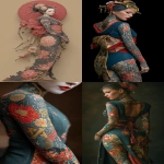 **spider woman as a JAPANESE GEISHA with FULL BODY coral reef TATTOO --ar 1:2 --stylize 250 --v 7.0** - <@1014981691850371152> (fast)