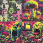 **early 2000s horror B-movie poster style UK bassline cover art, acid rave theme, dripping random objects with tongues out and sweat, chaotic mushrooms, exaggerated lighting, VHS grain, neon green and pink palette, hand-painted airbrush textures, campy sci-fi horror vibe, glowing outlines, dramatic composition, inspired by Phatworld, Mozey, Interplanetary Criminal, --ar 1:1 --v 7.0 --s 850 --q 2 --raw** - <@289277077293760513> (fast)
-# Create, explore, and organize on [midjourney.com](<https://midjourney.com/imagine?from_discord=1>)