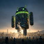 **<https://s.mj.run/rWcFtaYzAZ8> The Android Robot made of mobile phones is collapsing, there are gaps in the robot and it is crumbling away, people looking up at it, green malware bugs trying to get inside it, cityscape, photorealistic, magic hour, dramatic lighting --v 7.0** - Image #2 <@1048326817838280714>