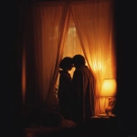 **A romantic couple sharing an intimate moment behind soft golden curtains, warmly lit by a cozy floor lamp, wrapped together in a blanket, silhouetted gently, dreamy and tender atmosphere, early morning or twilight glow, peaceful indoor setting, shallow depth of field, cinematic lighting, vintage color grading, 35mm film style, subtle grain, emotional storytelling, soft focus, style cinematic** - Image #4 <@1331627685406965792>