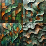 **Surreal abstract garden made of organic wood and metal, curved lines and geometric fragments intertwining, vivid green and bronze palette, tactile surface like oil paint mixed with metallic pigments, dreamlike composition, high-art style, square format. --ar 1:1 --v 6.0 --stylize 1000** - <@1368687980944031764> (fast)